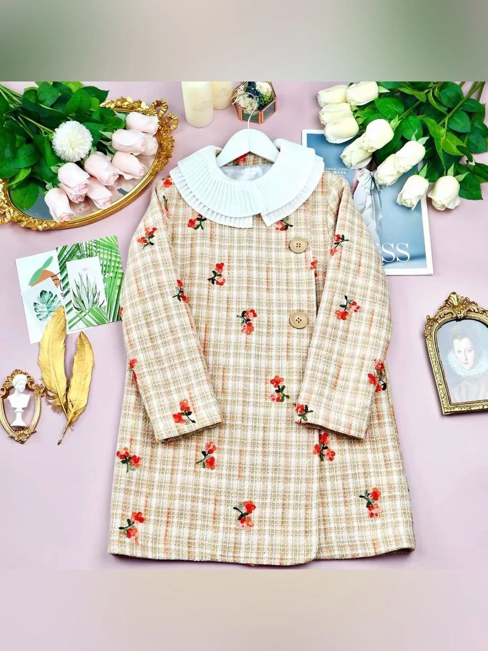 Girls Plaid Coat with Pleated Collar and Floral Embroidery